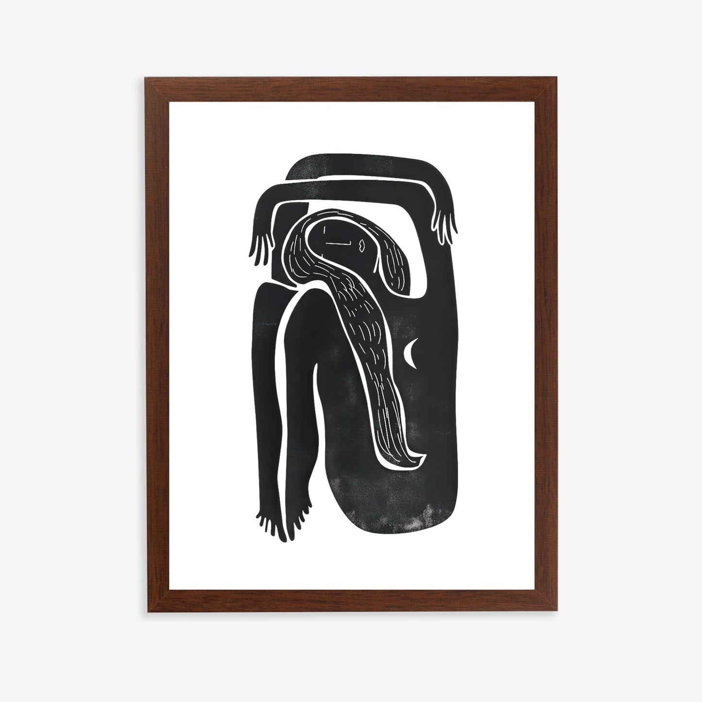 Framed artwork of a stylized black and white abstract figure on a white background