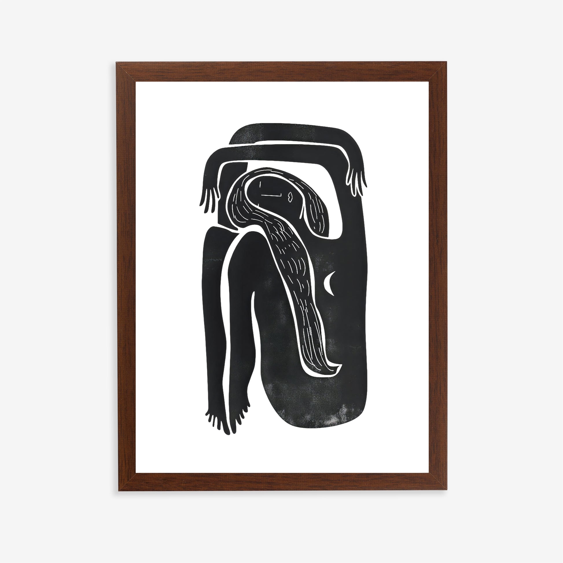 Framed artwork of a stylized black and white abstract figure on a white background