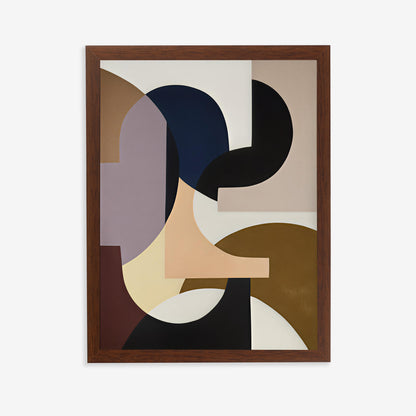 Abstract art print with geometric shapes in a wooden frame on a white background