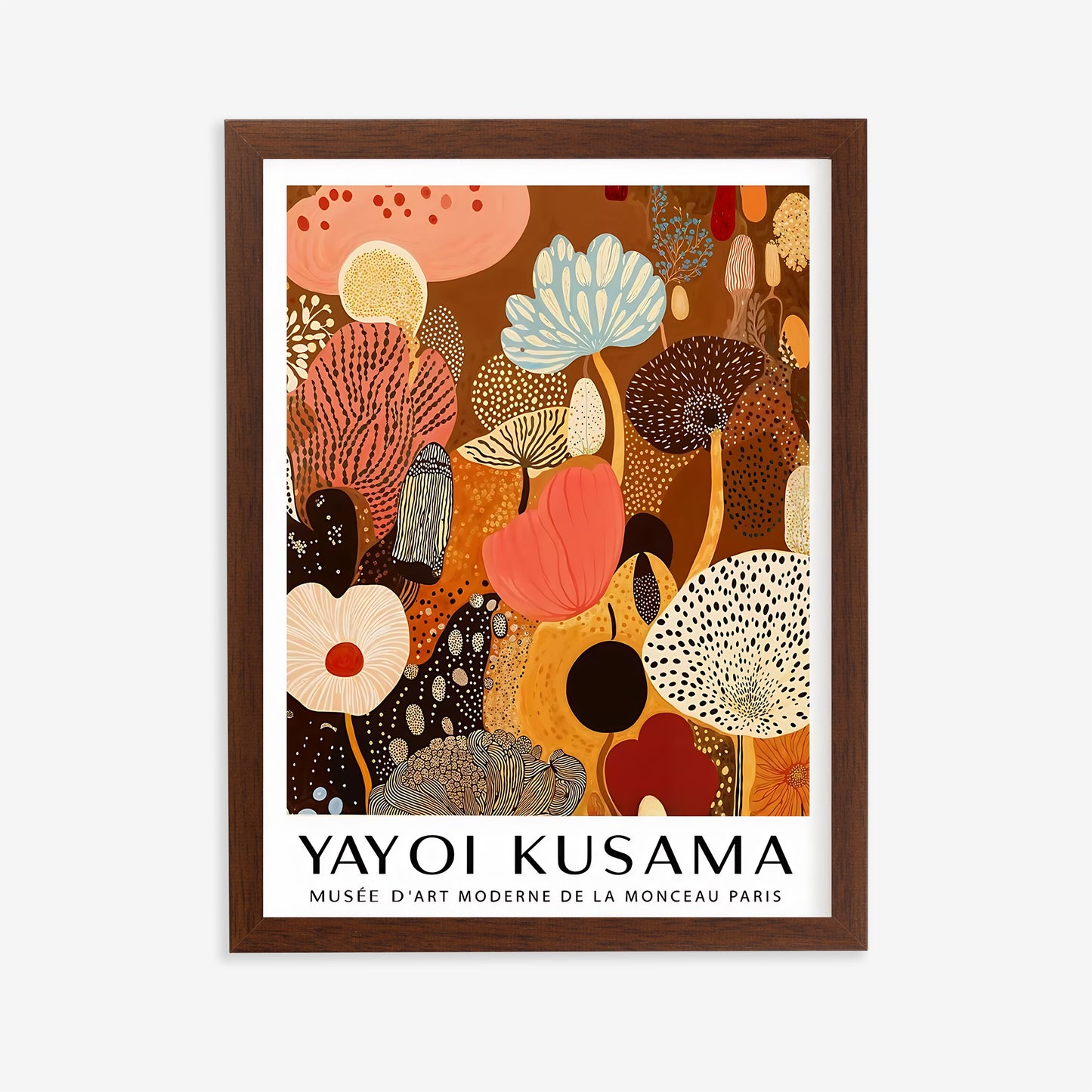 Framed artwork by Yayoi Kusama with abstract floral design on a white background