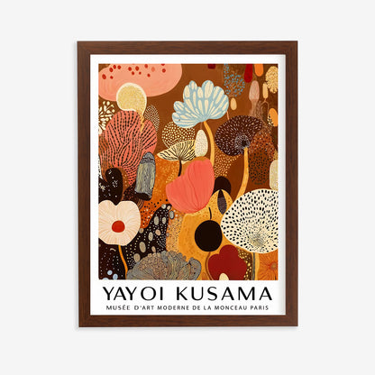 Framed artwork by Yayoi Kusama with abstract floral design on a white background