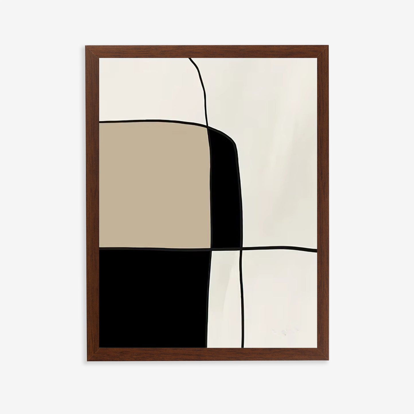 Abstract art print with geometric shapes in a wooden frame on a white background
