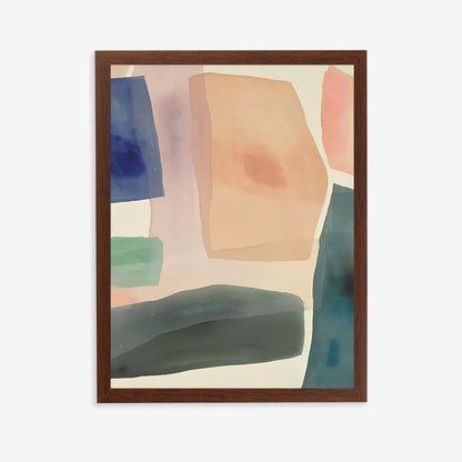 Abstract art print with geometric shapes in a wooden frame on a white background