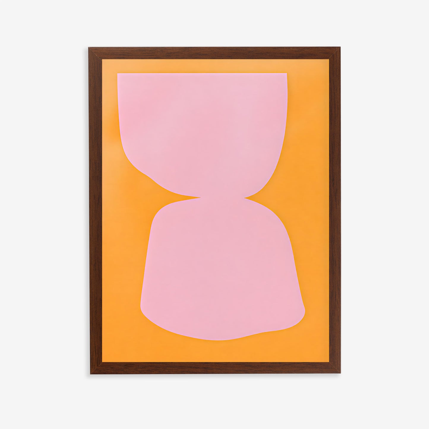 Framed abstract art with pink shapes on an orange background