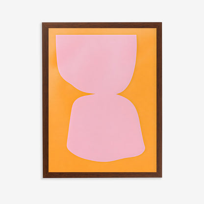 Framed abstract art with pink shapes on an orange background