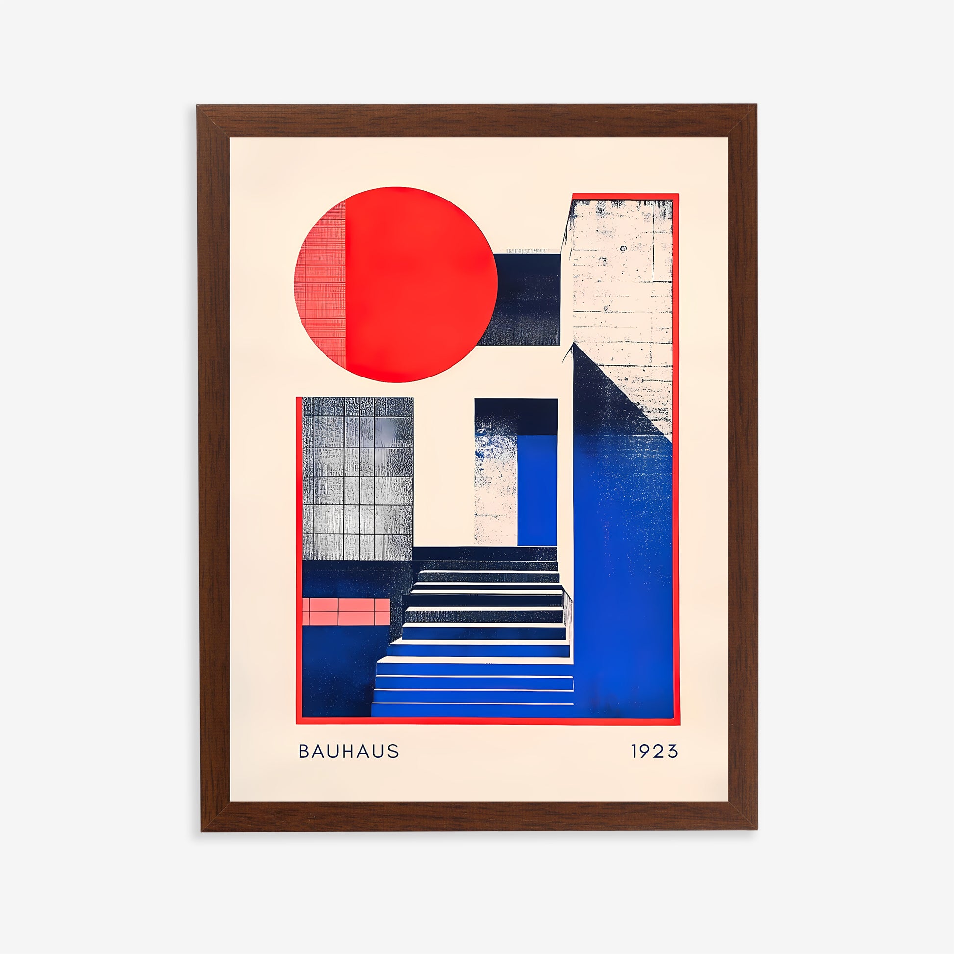 Framed Bauhaus art print with geometric shapes on a beige background