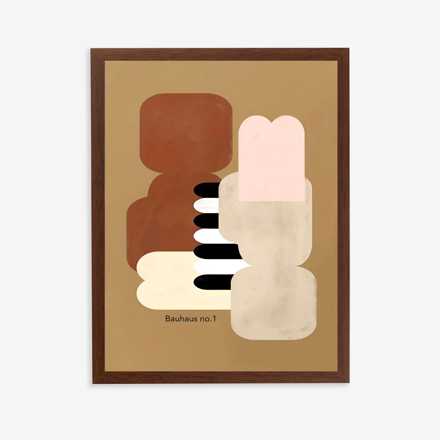 Framed abstract art print with geometric shapes on a beige background