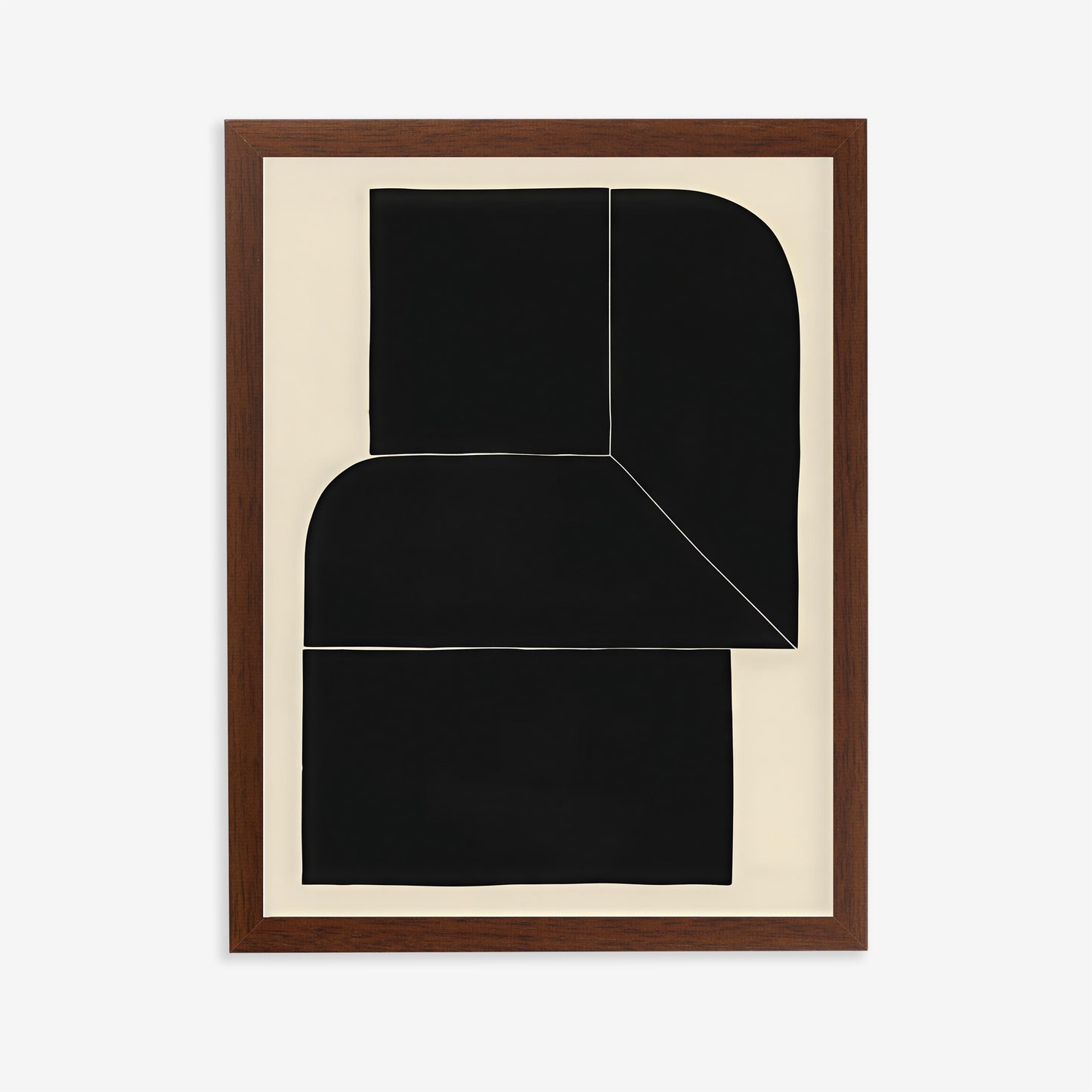 Framed abstract art with black shapes on a beige background