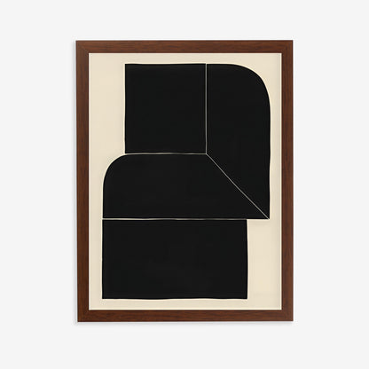 Framed abstract art with black shapes on a beige background