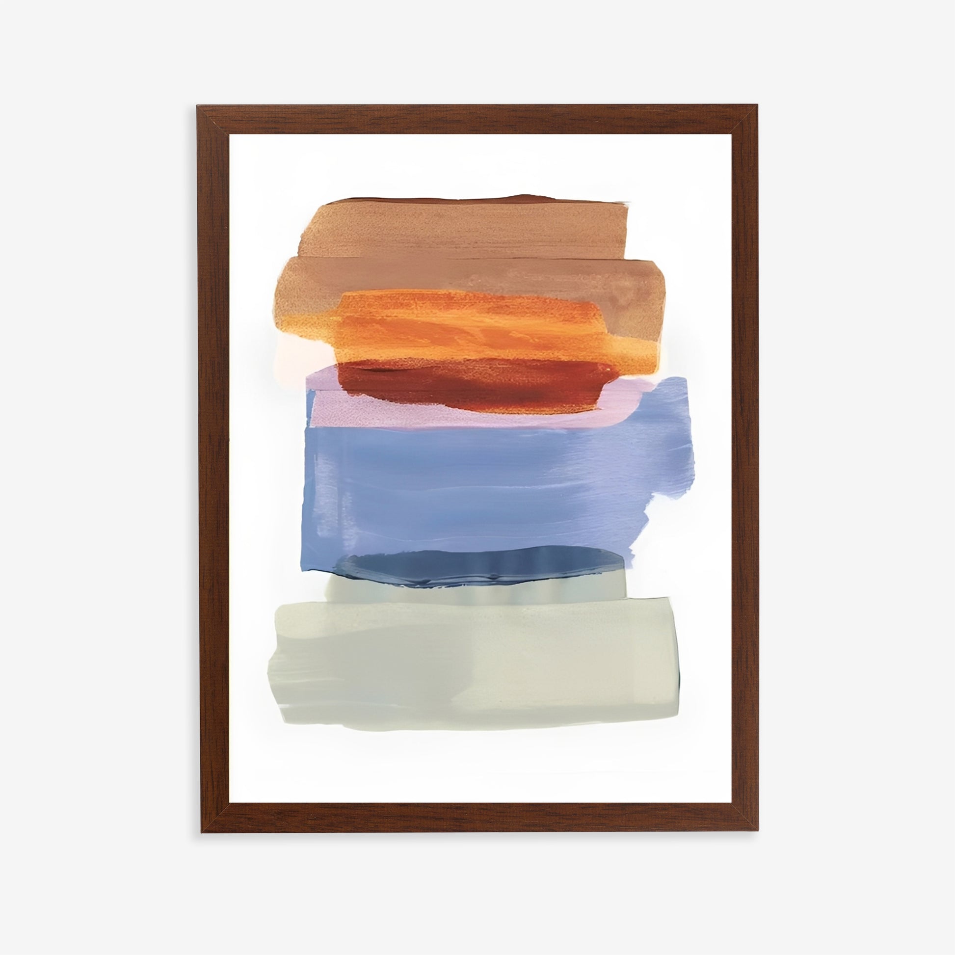 Framed abstract art with horizontal stripes in brown, orange, blue, and white on a white background