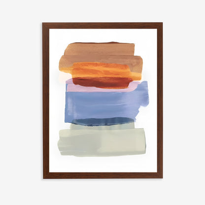 Framed abstract art with horizontal stripes in brown, orange, blue, and white on a white background