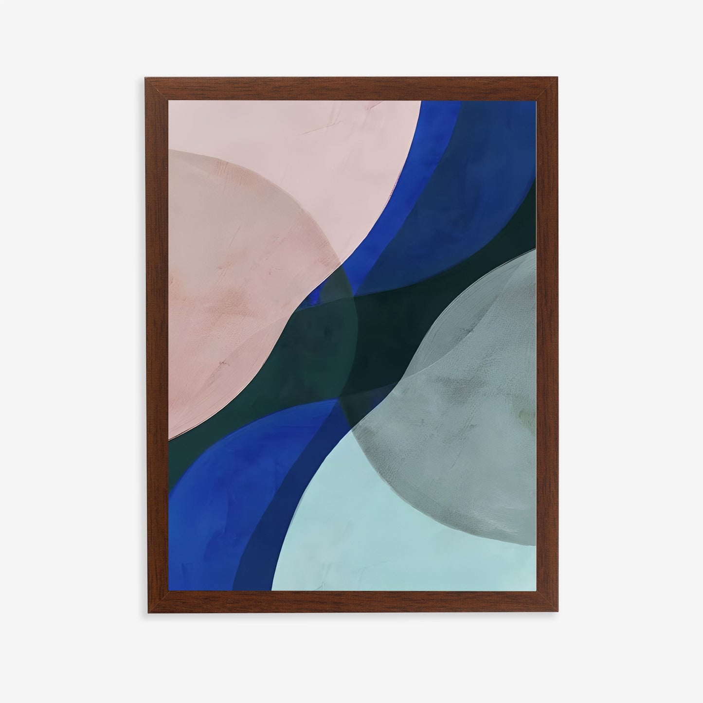 Framed abstract art with blue, green, and pink shapes on a white background