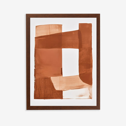 Abstract art piece with brown and beige colors in a wooden frame on a white background