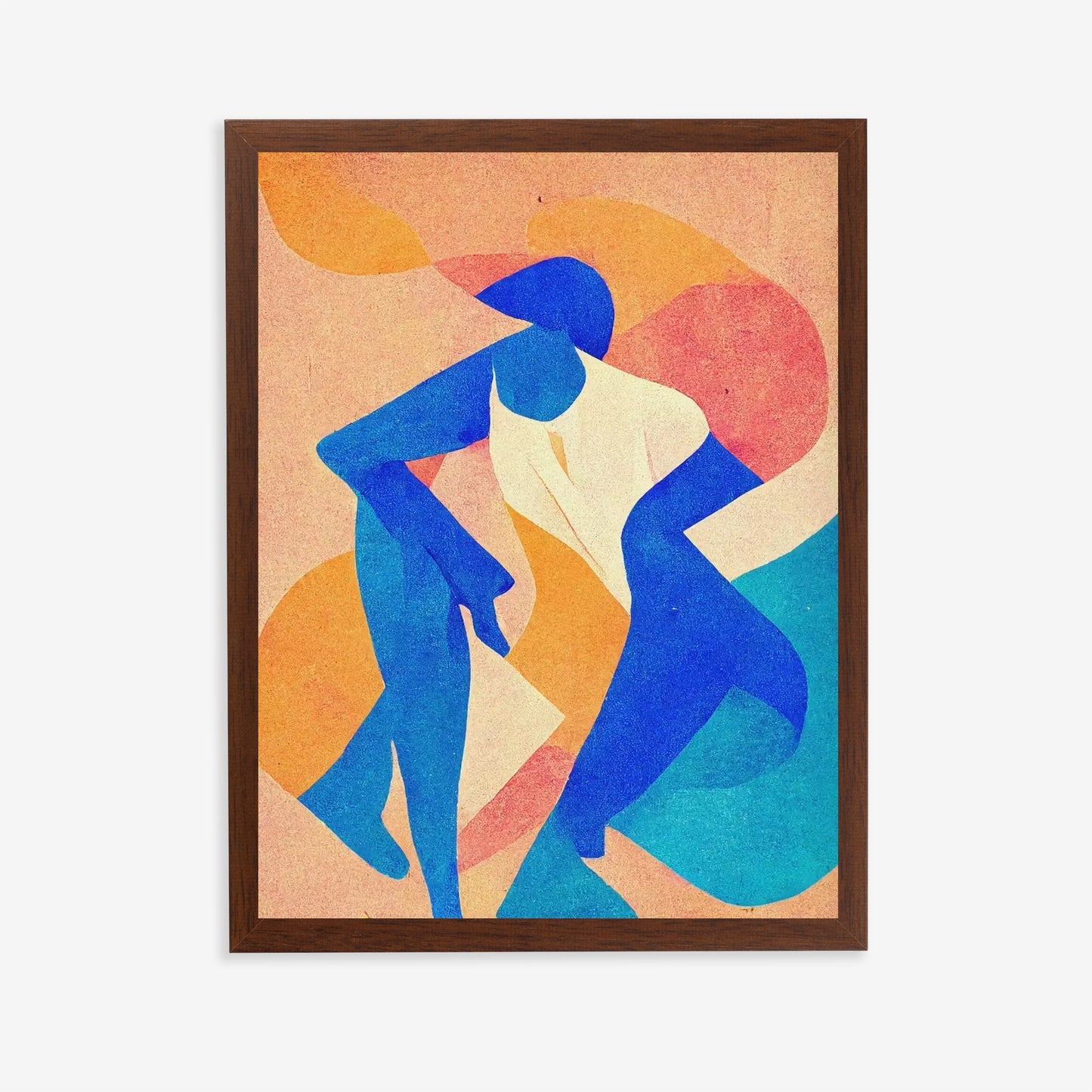 Framed abstract art print with blue figures and colorful circles on a beige background