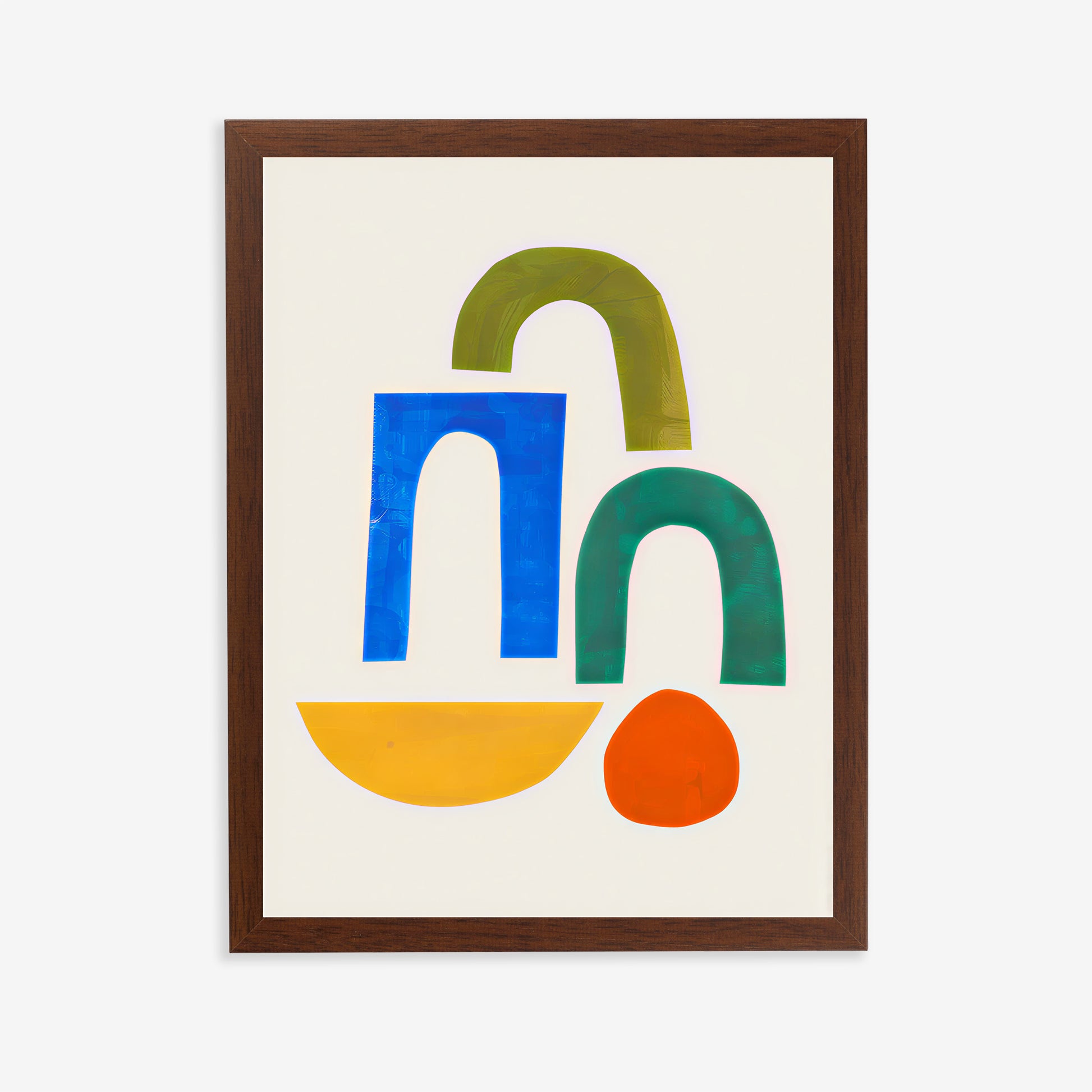 Framed abstract art print with colorful geometric shapes on a white background