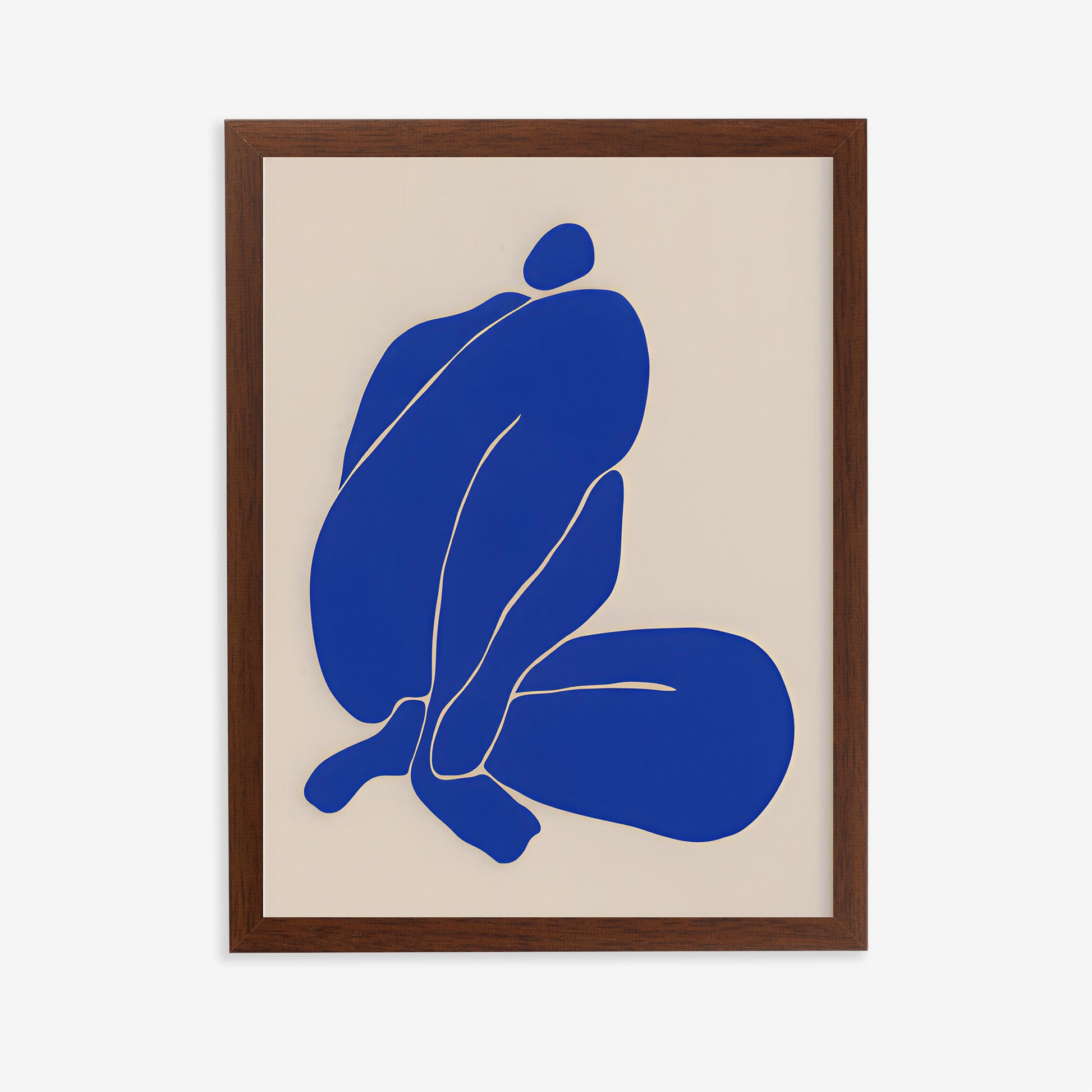 Framed artwork with a blue abstract figure on a beige background