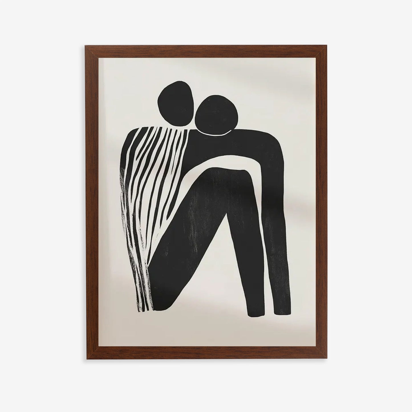 Framed artwork of two abstract human figures embracing on a beige background