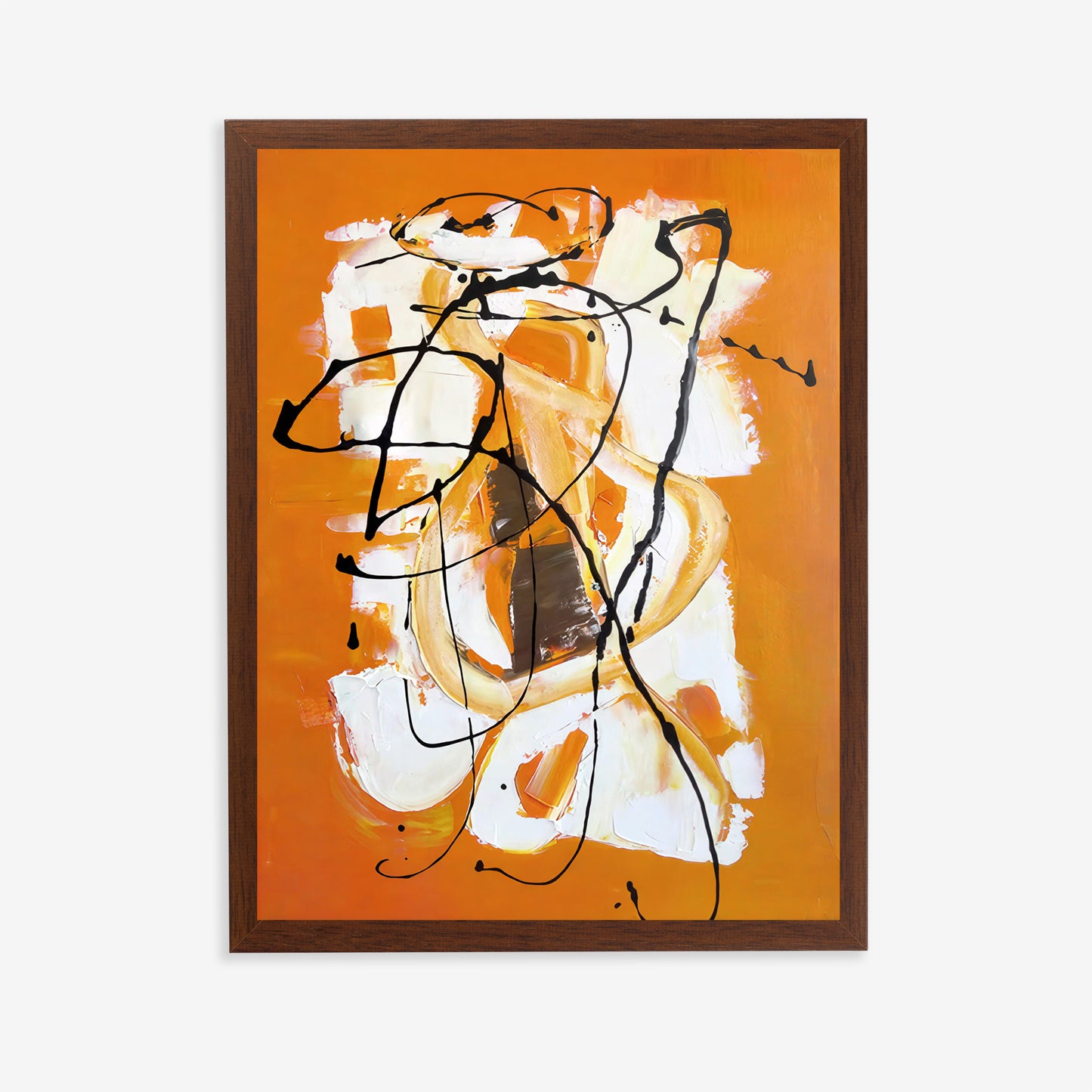 Abstract art painting with orange, white, and black on a white background