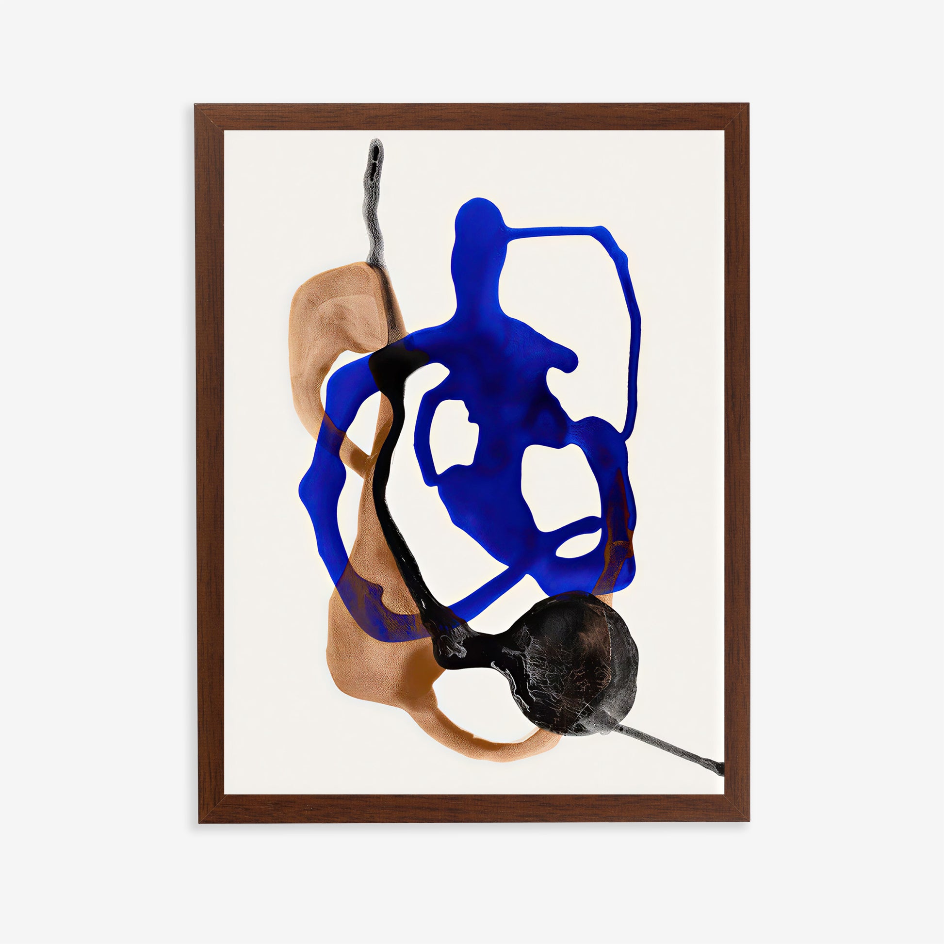 Abstract art print with blue and brown shapes on a beige background, framed in brown.