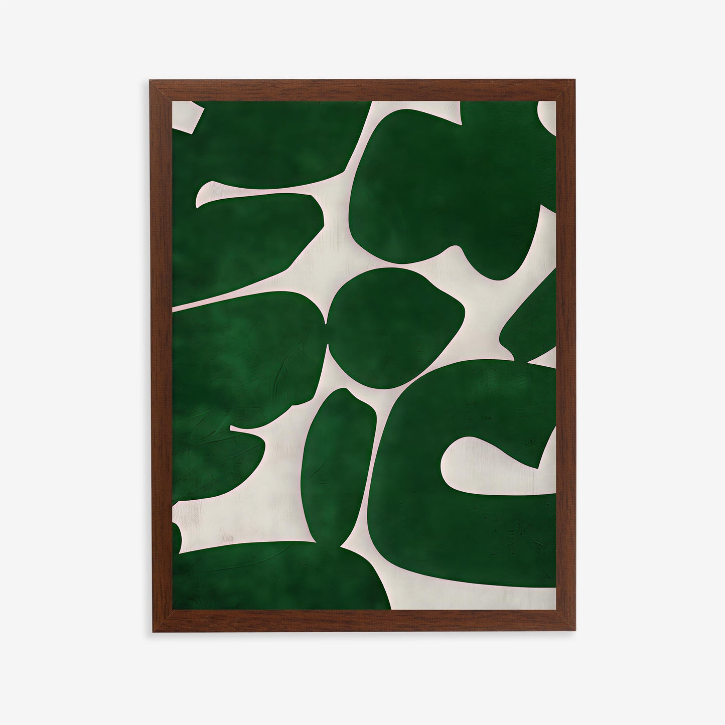 Framed artwork with green leaf pattern on a white background