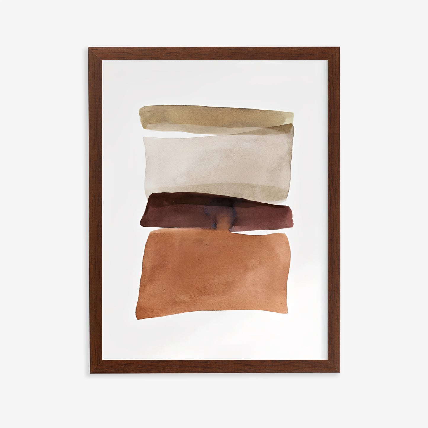Framed abstract art with four rectangular shapes in brown, beige, and red on a white background