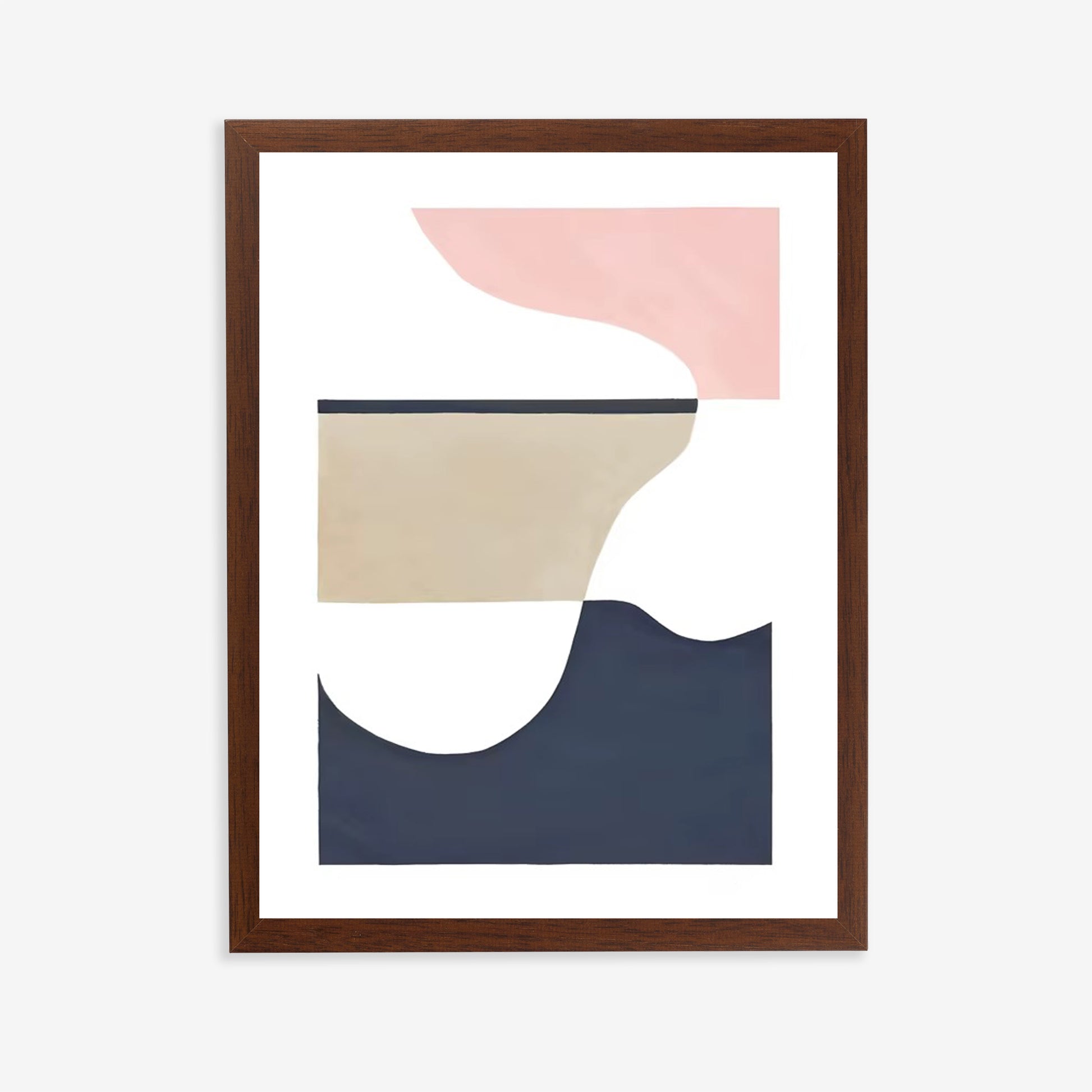 Framed abstract art print with geometric shapes on a white background