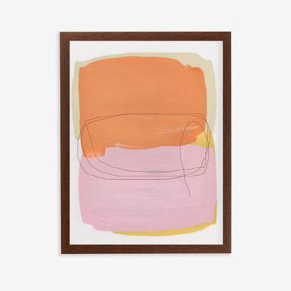 Framed abstract art print with orange, pink, and yellow colors on a white background