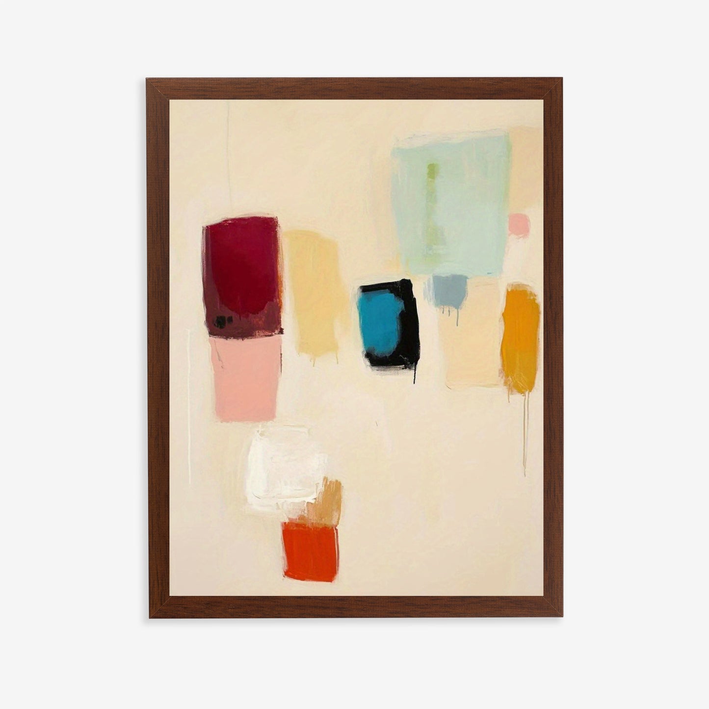 Framed abstract art with colorful geometric shapes on a beige background