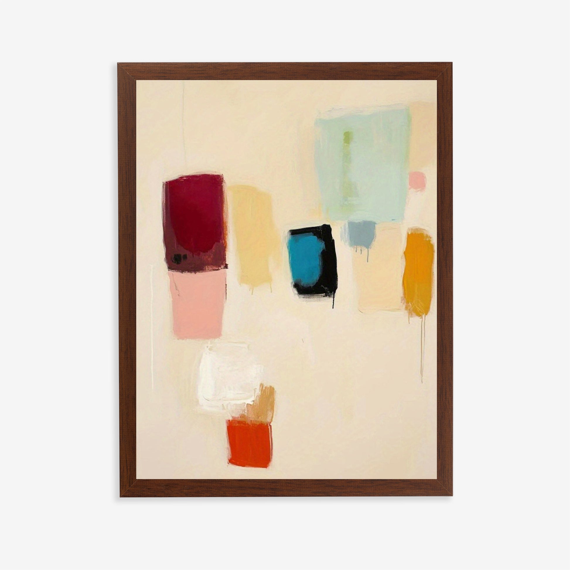 Framed abstract art with colorful geometric shapes on a beige background