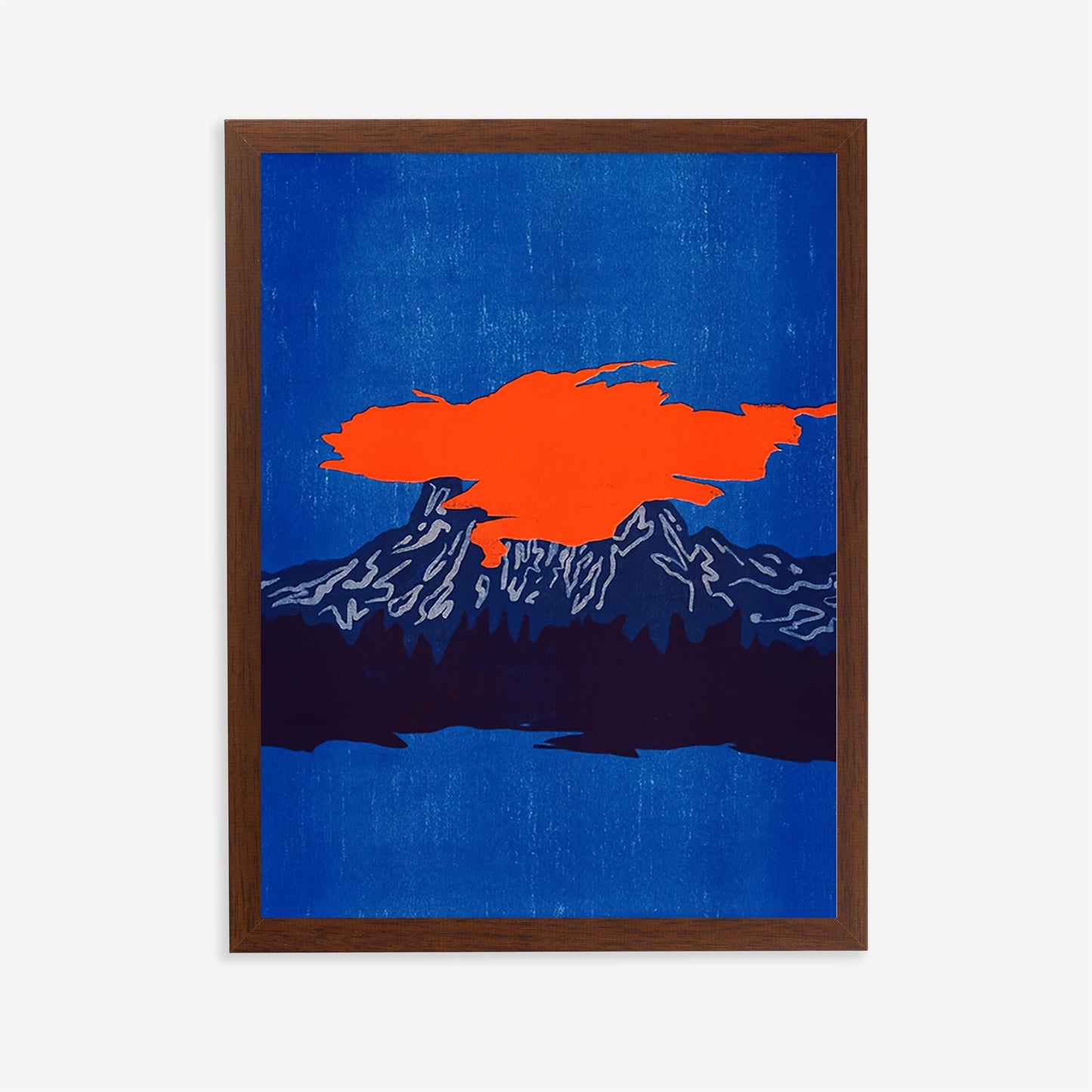Framed artwork with an orange abstract shape on a blue background