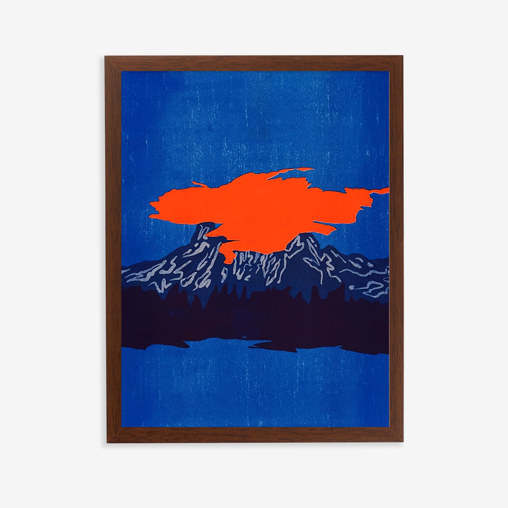 Framed artwork with an orange abstract shape on a blue background