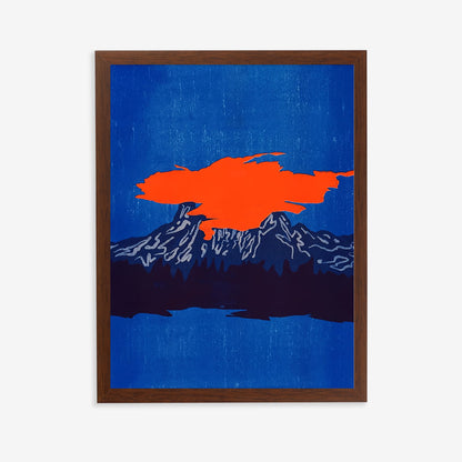 Framed artwork with an orange abstract shape on a blue background