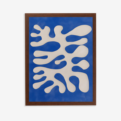 Framed abstract artwork with white and blue shapes on a blue background
