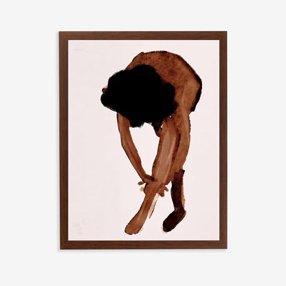 Framed artwork of a person with a dark brown frame on a light pink background