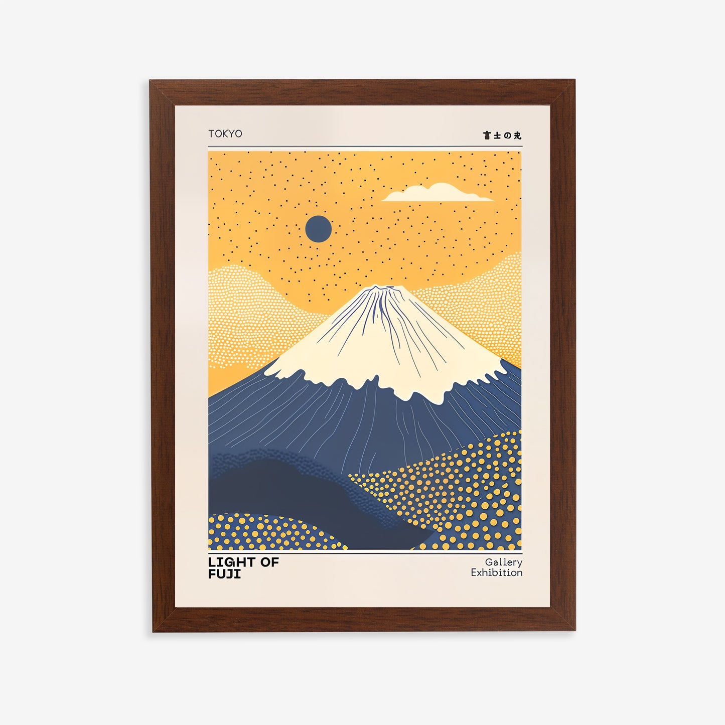 Framed artwork of Mount Fuji with a yellow sky and blue mountain, featuring 'Light of Fuji' text.