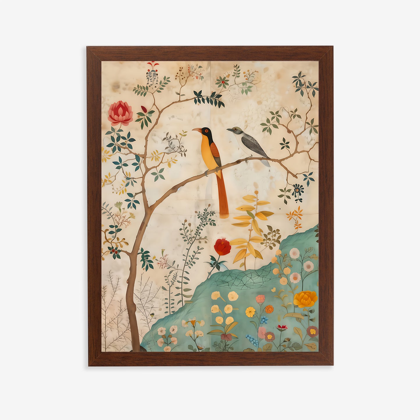 Framed artwork with birds and floral design on a white background