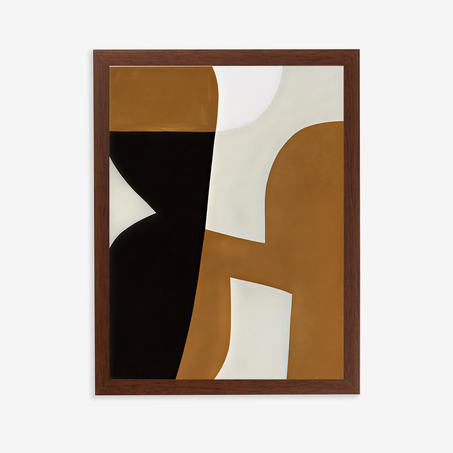 Abstract art print with geometric shapes in brown, black, and white on a white background