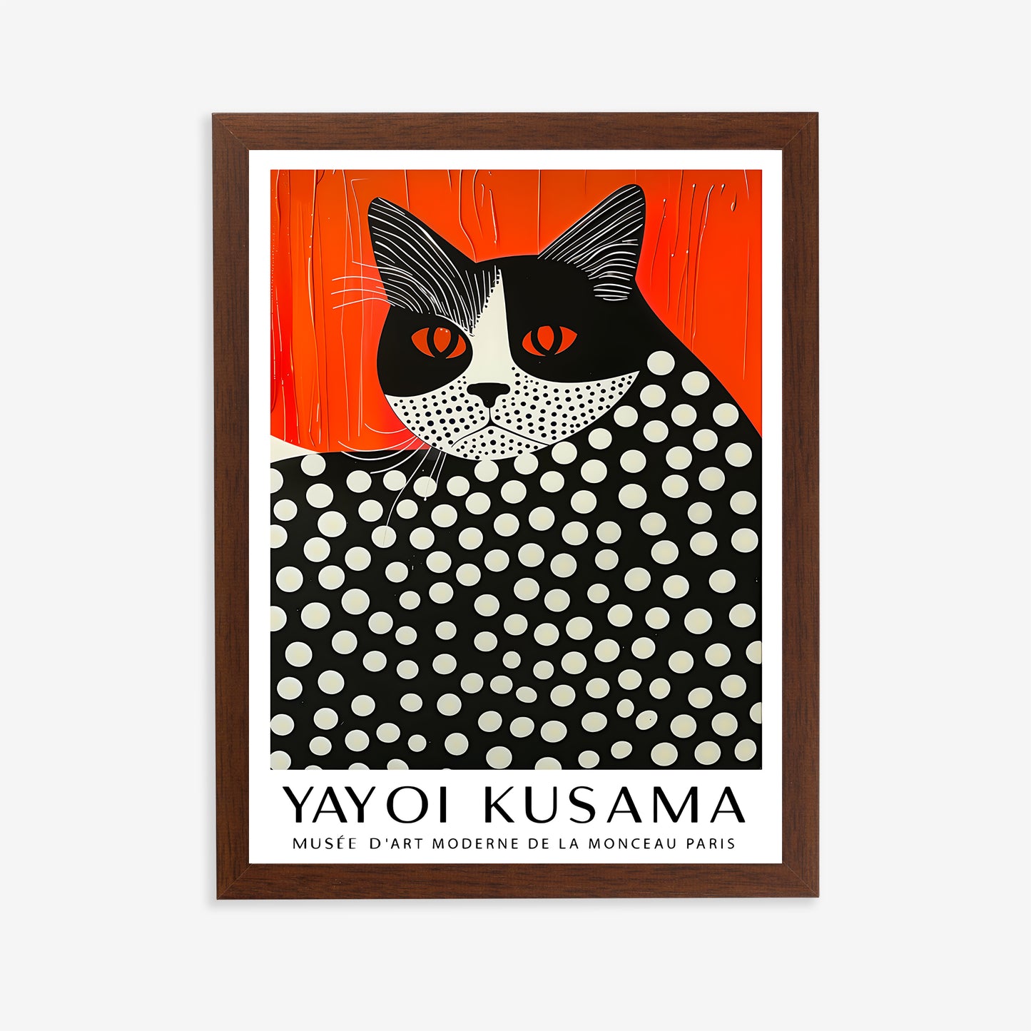 Yayoi Kusama cat art print in brown wooden frame – modern pop art poster for wall decor