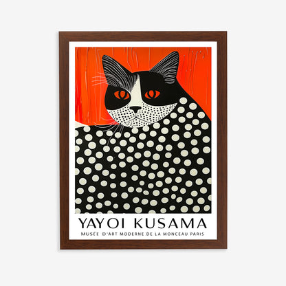 Yayoi Kusama cat art print in brown wooden frame – modern pop art poster for wall decor