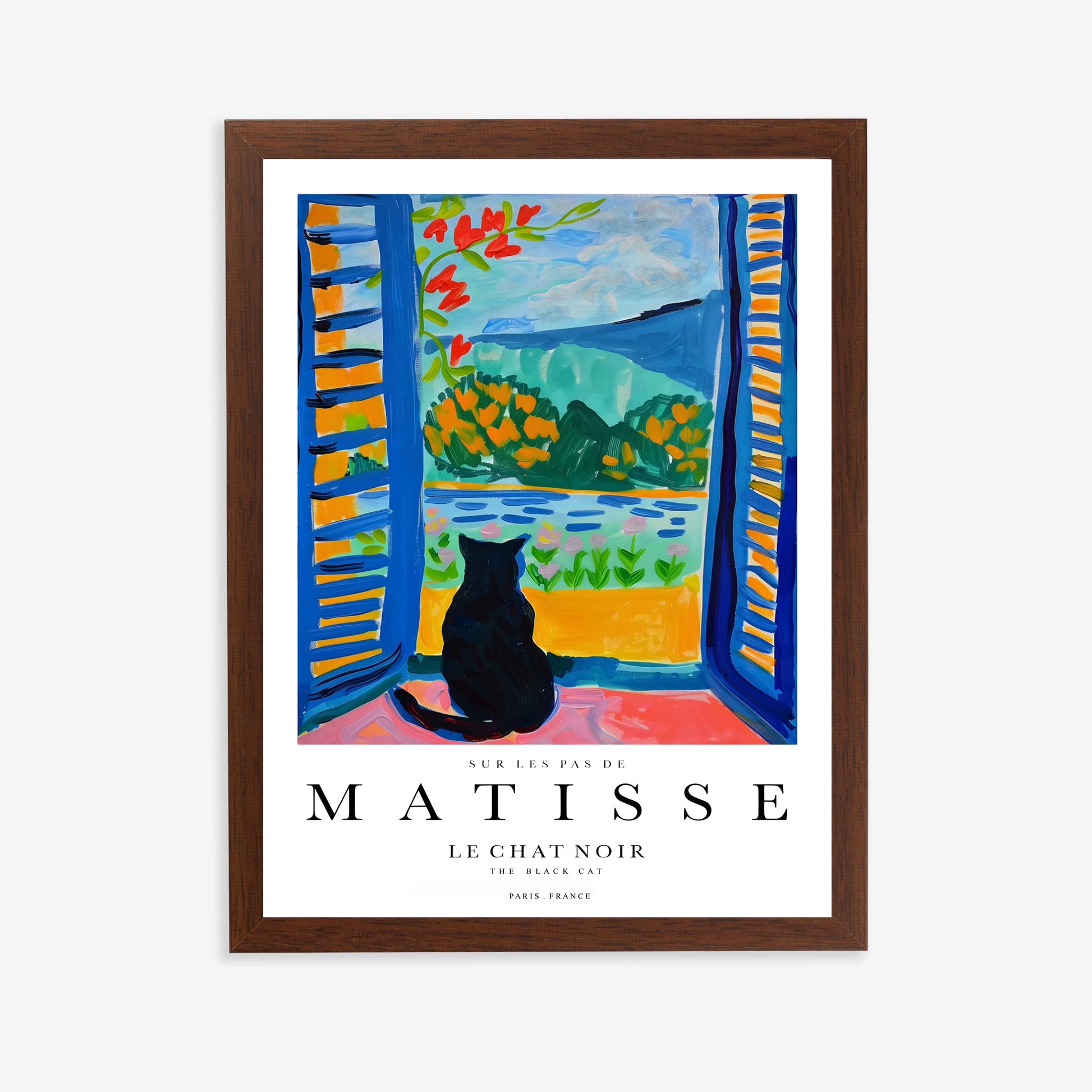 Framed Matisse art print with a black cat and open window scene.