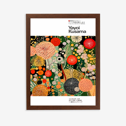 decorative art poster inspired by Yayoi Kusama showcasing botanical abstract dot designs in a dark wood frame for elegant interior design