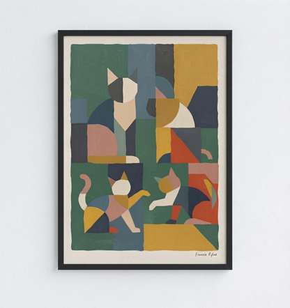 A framed  Mid-Century Modern Geometric Cat Acrylic Poster | Geometric Abstract Cat Acrylic Print by artist Francis Phylae - PrintHaus featuring geometric cat illustrations in muted green, blue, yellow, red, and beige tones, hung on a light gray wall.