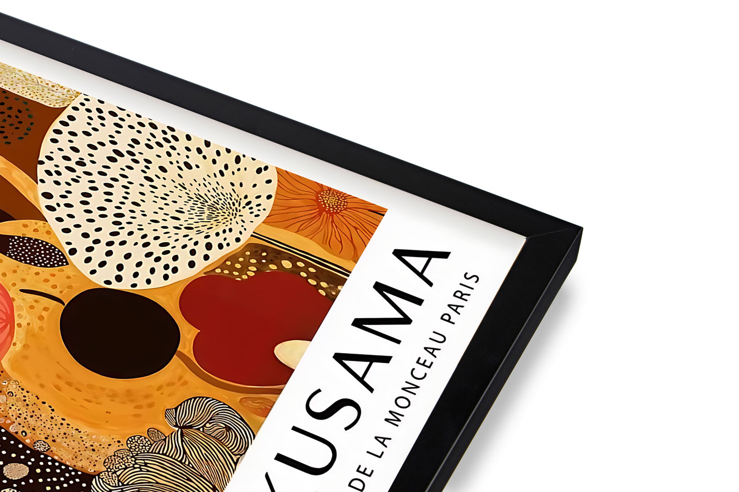 Framed artwork with abstract patterns and 'Kusama' branding on a white background