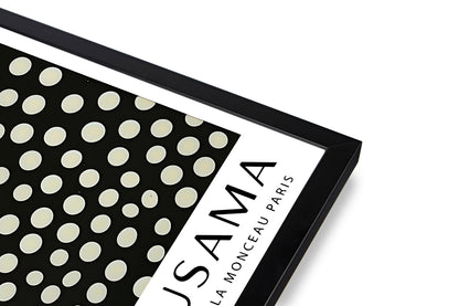 Close-up of black frame corner on Yayoi Kusama art print – premium framed wall art detail