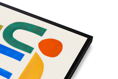 Framed abstract artwork with colorful geometric shapes on a white background