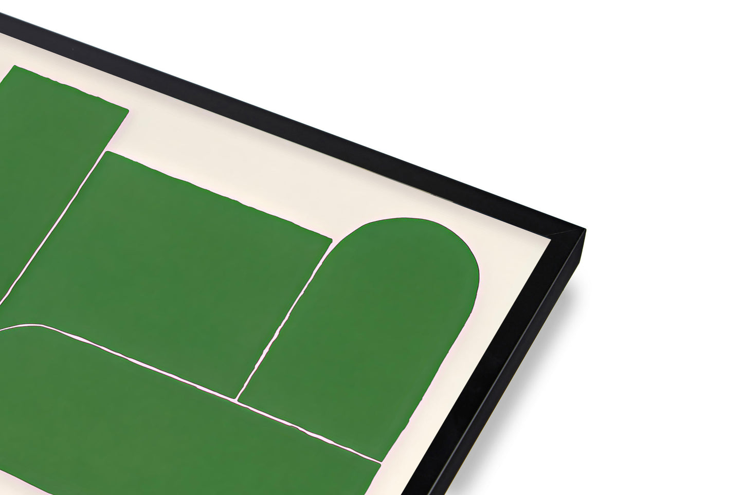 Close-up of a green abstract design on a white background with a black frame.