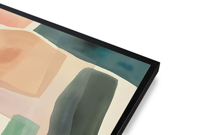 Abstract art piece with geometric shapes in earthy tones on a white background