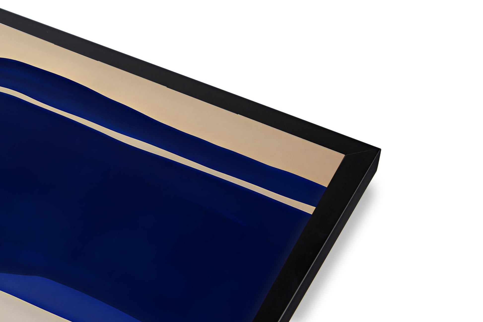 Close-up of a blue and beige product with a black border on a white background