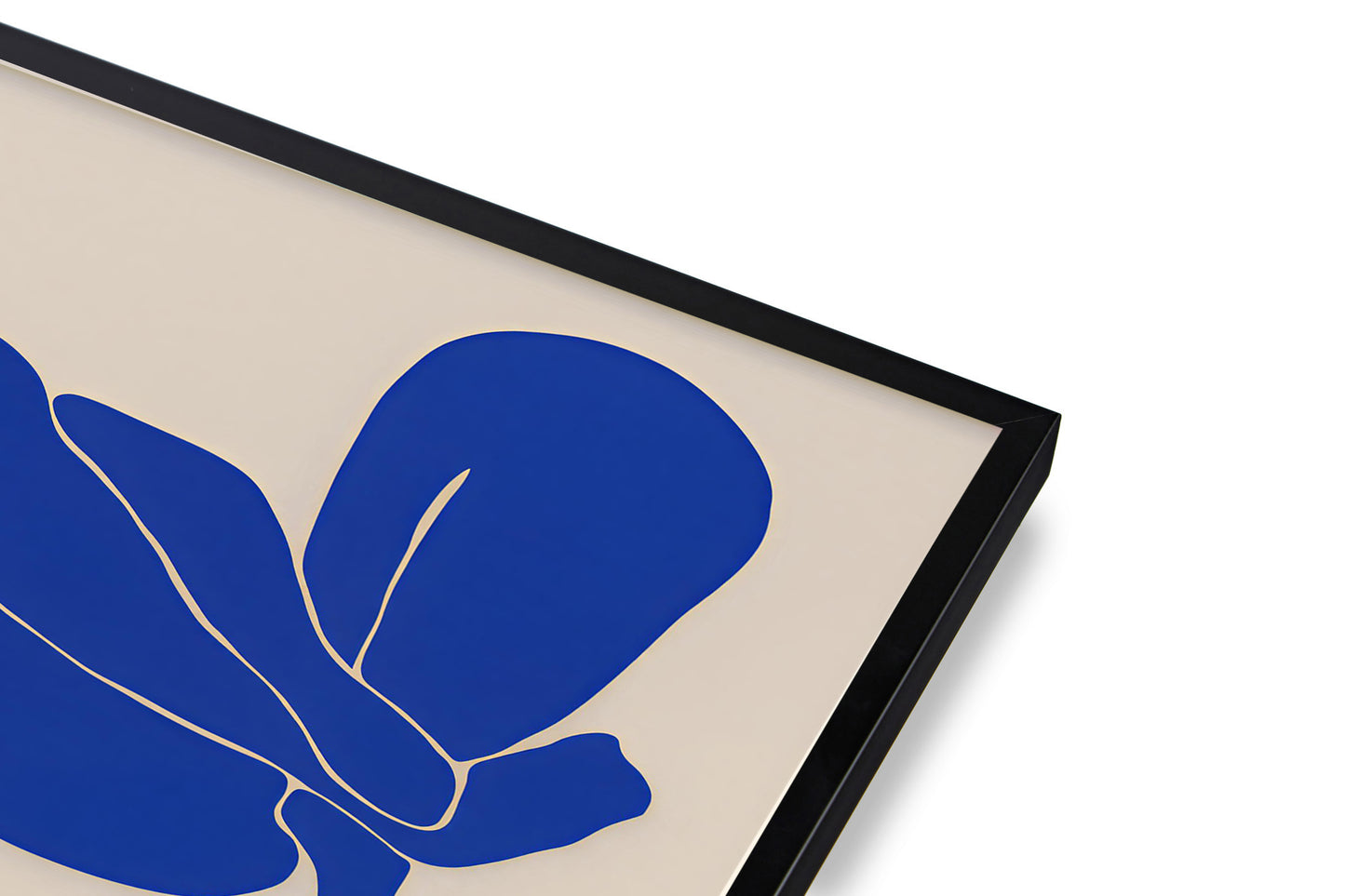 Framed artwork with blue abstract design on beige background