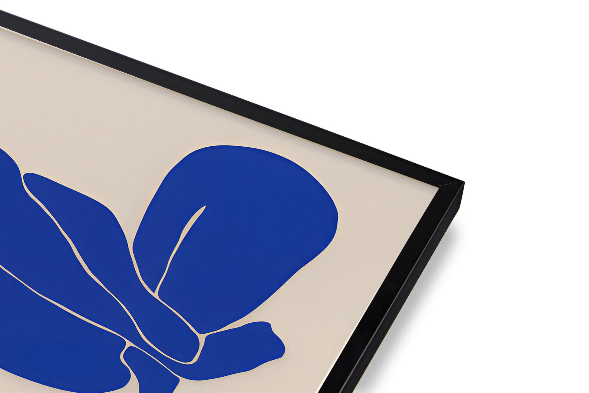 Framed artwork with blue abstract design on beige background